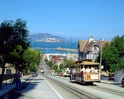 Tram with Alcatraz Island beyond  San Fransisco   California USA