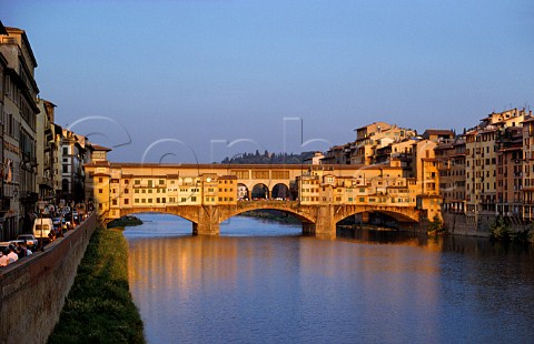 Ponte Vecchio and Arno River in evening light Florence Tuscany Italy
