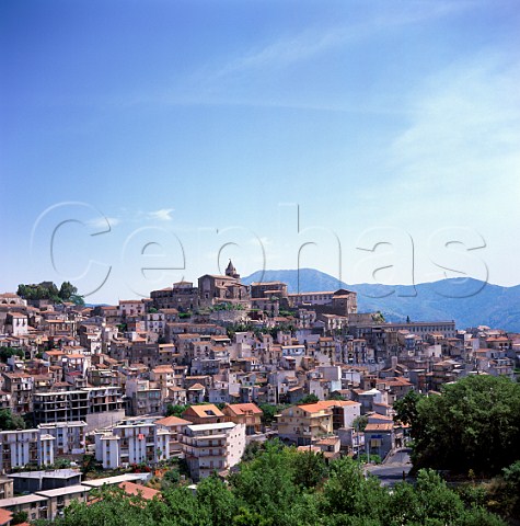 The wine town of Castiglione di Sicilia with Mount   Etna beyond Sicily Italy