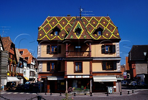Polychrome roof in Obernai an ancient   walled town on the Route du Vin   Haut Rhin France  Alsace