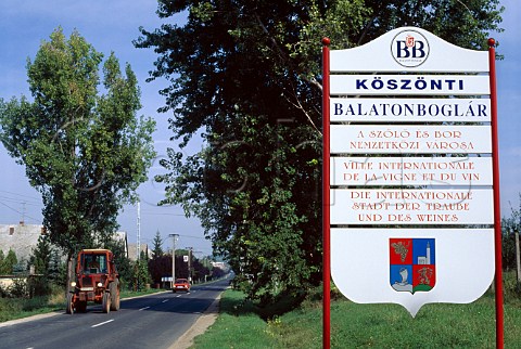Welcome sign on road into the wine town   of BalatonBoglar Hungary