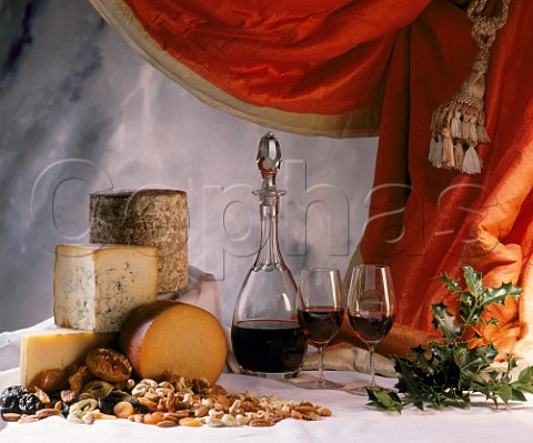 Decanter of Port with cheeses dried fruit and nuts