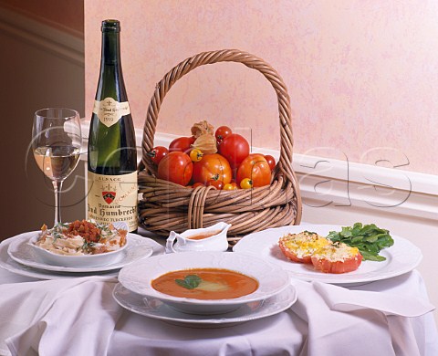 Pasta with tomato and herbs Sundried tomato soup with melon Stuffed tomatoes Bottle of Zind Humbrecht Herrenweg Riesling