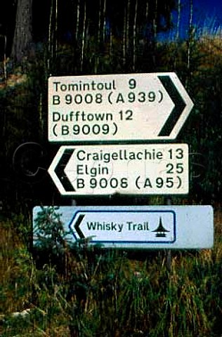 Road sign in the heart of the Speyside   whisky country Banffshire