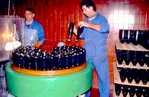 Freezing bottle necks ready for   disgorging of cava Bodegas Bilbainas   Haro Rioja