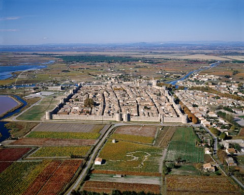 The walled town of AiguesMortes and its vineyards   viewed from the air   Gard France