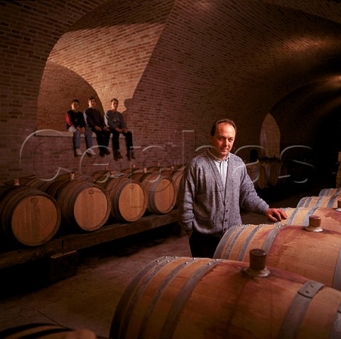 Romano dal Forno and his 3 sons in his barrel  cellar Celloere dIllasi Veneto Italy    Valpolicella