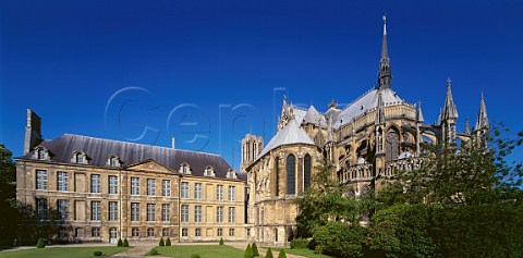 Reims Cathedral with the Apse and South Transept in foreground and the Palais de Tau on left    Reims Marne France
