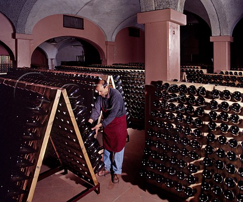 Performing the remuage on bottles of Gran Cuve in the cellars of Bellavista Erbusco   Lombardy Italy  Franciacorta