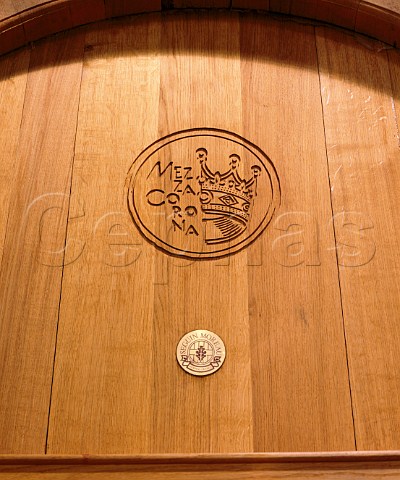 Logo of Cantine MezzaCorona carved in a   new oak cask from Seguin Moreau  Mezzocorona Trentino Italy