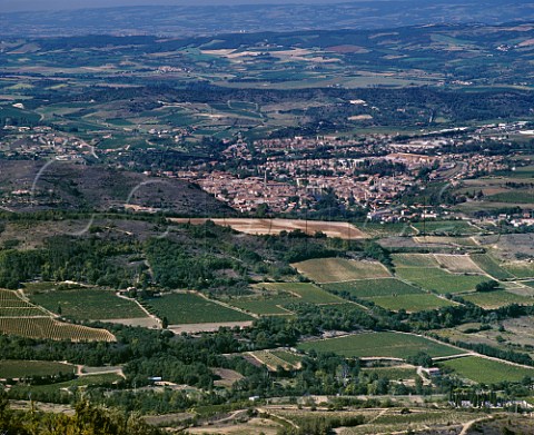 Vineyards surround the town of Limoux in the Aude Valley viewed from the 654metre high Pic de Brau  Aude France