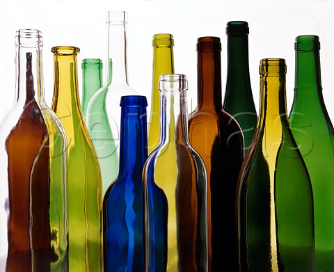 Empty wine bottles  assorted colours shapes and   sizes