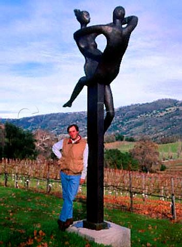 Miguel Martin winemaker of   Durney Winery with Toby Hellers dancing couple   sculpture which is used on their labels  Monterey   Co California   Carmel Valley AVA