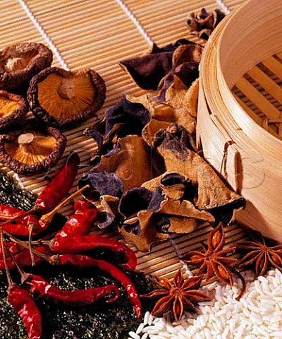 Chinese ingredients  rice red chillies dried   mushrooms black woodear fungus star anise seaweed