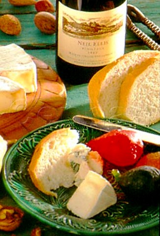 South Africa  Brie camembert and figs  with a bottle of Neil Ellis Pinotage  wine