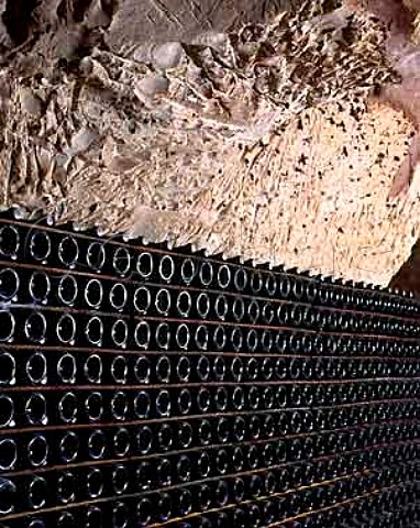 Bottles of La Grande Dame lying sur lattes in the   cellars of Veuve Clicquot Ponsardin in the   GalloRoman chalk quarries crayres of Reims   Marne France  Champagne