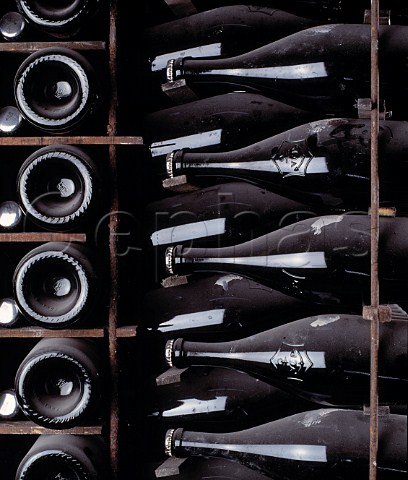 Bottles of La Grande Dame lying sur lattes in the   cellars of Veuve Clicquot Ponsardin  Reims Marne France  Champagne