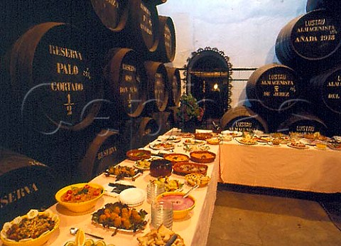 Selection of tapas specially prepared by   Manuel Valencia of Bodega la Andana a noted tapas   bar in the city for a group visiting the bodegas   of Emilio Lustau Jerez Andaluca Spain  Sherry