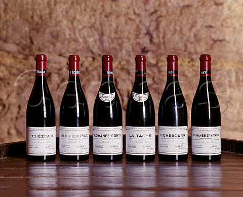 Bottle of the 1995 vintage of each of the six Grand Cru red wines of Domaine de la RomaneConti   VosneRomane Cte dOr France Cte de Nuits Grand Cru