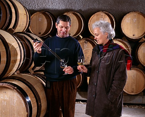 AnneClaude Leflaive died 2015 and Pierre Morey   matre de chai check on the progress of their   wines in barrel    Domaine Leflaive   PulignyMontrachet Cte dOr France