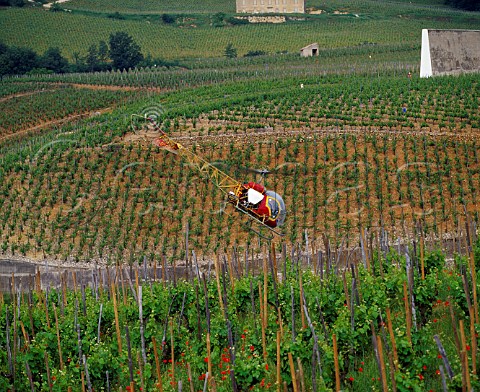 Helicopter spraying vines on the hill of Hermitage TainlHermitage Drme France Hermitage