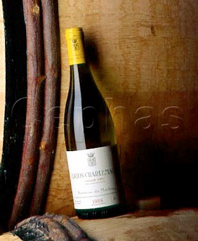 Bottle of 1988 CortonCharlemagne in the   barrel cellar of Domaine Bonneau du Martray   PernandVergelesses Cte dOr France