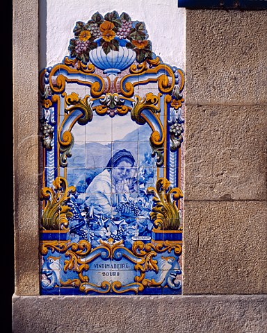 Traditional azulejos tiles depicting vineyard scenes   on the railway station at Pinho in the Douro Valley   Portugal  Port