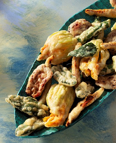 Vegetable courgette flower and sage leaf fritters