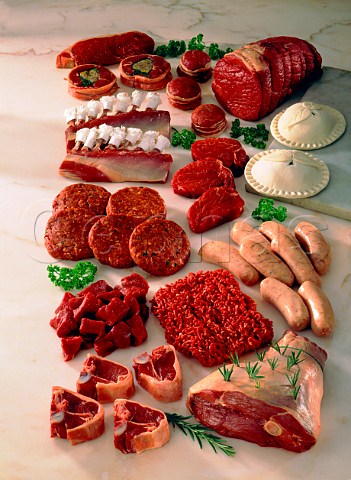 Assorted cuts of raw meat beefburgers sausages  meat pies