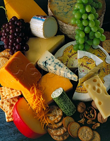 Assorted cheeses Brie Stilton Double Gloucester   Red Leicester Dolcelatte Emmental Herb Roulade   Edam Cheddar Garlic and Herb soft cheese roulade   and Goat Cheese with crackers and grapes