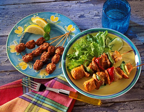 Chicken bacon and vegetable kebabs Chicken satay