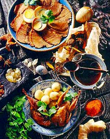 Meat Dishes flavoured with Lu Stock  Flavoured potted stock with soy sauce sugar wine   star anise Sishuan peppercorns cassia bark cloves   fennel liquorice etc
