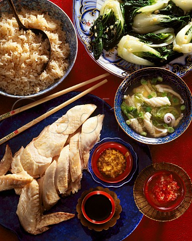 Chicken Hainan chicken Hot and sour squid soup  Stir fried bok choi with garlic
