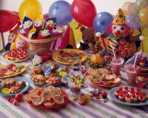 Childrens Party Food clown cake mini quiche   pizza cupcakes strawberry milkshake  popcorn chocolate bananas on sticks