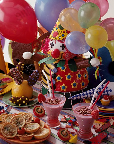 Childrens Party Food clown cake mini quiche    strawberry milkshake and chocolate bananas on sticks