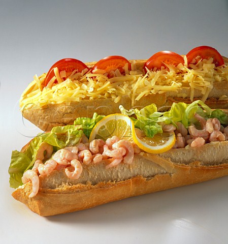 Filled Baguettes Cheese and tomato and Prawn with   lettuce