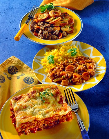 Meat  Lancashire Hotpot  Vegetable curry with saffron rice Lasagna