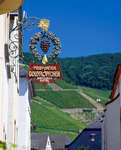 Hotel sign in Am Domhof Street with the   Goldtropfchen vineyard in the distance   Piesport Germany     Mosel
