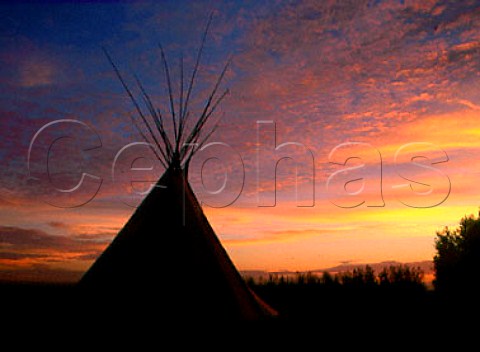 Dawn breaking over the Indian tepee of   Canoe Ridge Vineyards Paterson Washington USA  Columbia Valley AVA