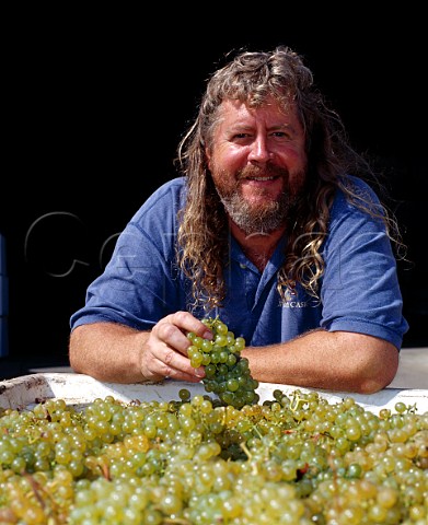 Jim Clendenen of Au Bon Climat with Tocai Friulano   grapes harvested from the Bien Nacido Vineyard  Santa Maria Santa Barbara Co California   Santa Maria Valley AVA