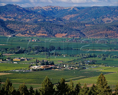 View eastwards across Napa Valley with Robert Mondavi Winery and the To Kalon Vineyard in the foreground   Oakville Napa Valley California