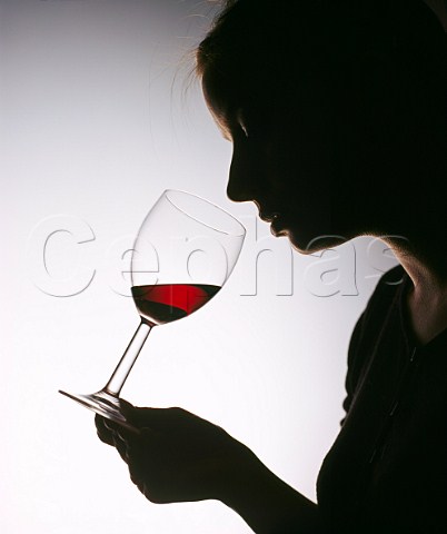 Woman smelling red wine