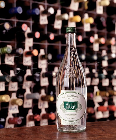 Bottle of Ashe Park mineral water   in the wine cellar of the Hotel du Vin Bristol