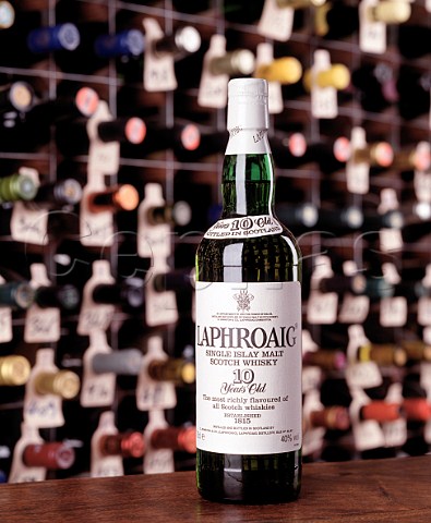 Bottle of 10years old Laphroaig Islay Malt Whisky   in the wine cellar of the Hotel du Vin Bristol