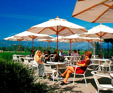 People drinking sparkling wine on the terrace of   Domaine Mumm Rutherford Napa Co California