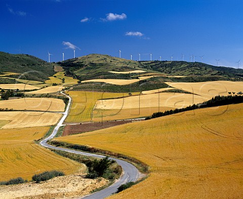 Vineyard and barley field with wind turbines on the   ridge beyond Aorbe Navarra Spain