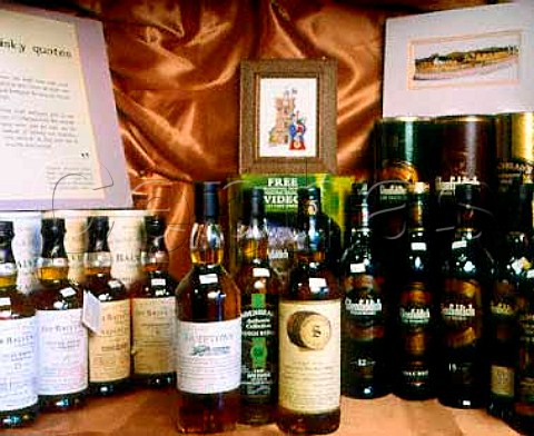 Display of local whiskys in The Whisky Shop   Dufftown Banffshire Scotland   Speyside