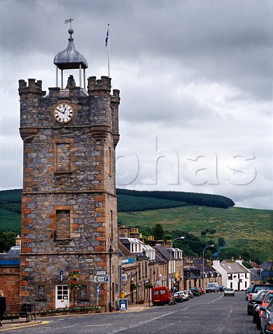 Clock tower in the centre of Dufftown home of seven   whisky distilleries Banffshire Scotland     Speyside