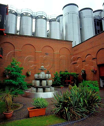 Fountain made from beer kegs in the courtyard of the   Bass Brewery BurtonuponTrent Staffordshire