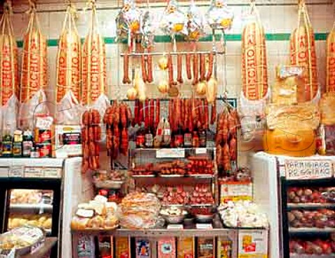 Display of salami in Alteva delicatessen   Little Italy New York USA